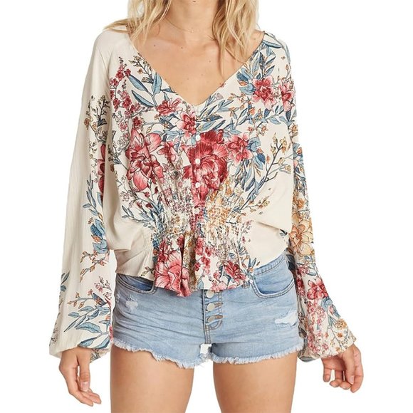 Billabong Tops - Billabong Top Small Play Day Blouse Floral Pink Ivory Long Sleeve Women's